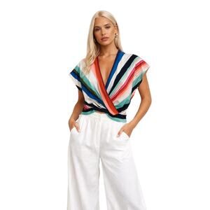 EXPRESS Women’s Striped Surplus Back Tie Neck Top Blue/Green Size Small